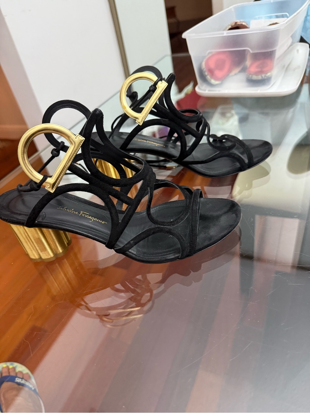 Salvatore Ferragamo Black Suede Strappy Sandals with Gold Sculpted Heel